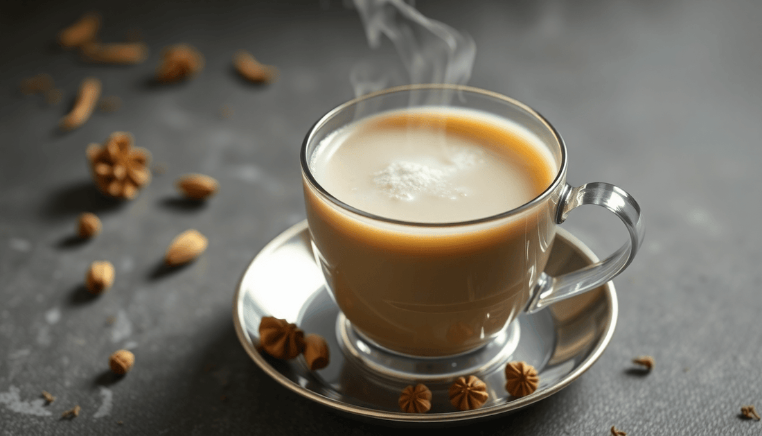 A steaming cup of cardamom tea with milk and sugar