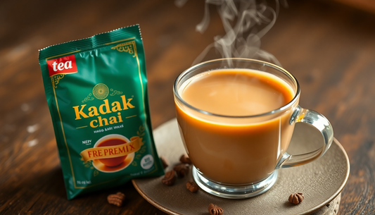 Cup of hot tea next to a green Kadak Chai tea pouch on a brown wooden table with coffee machine in Indirapuram Ghaziabad