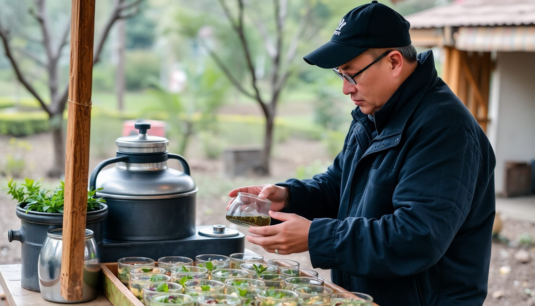 Tea vendor preparing fresh tea premix outdoors