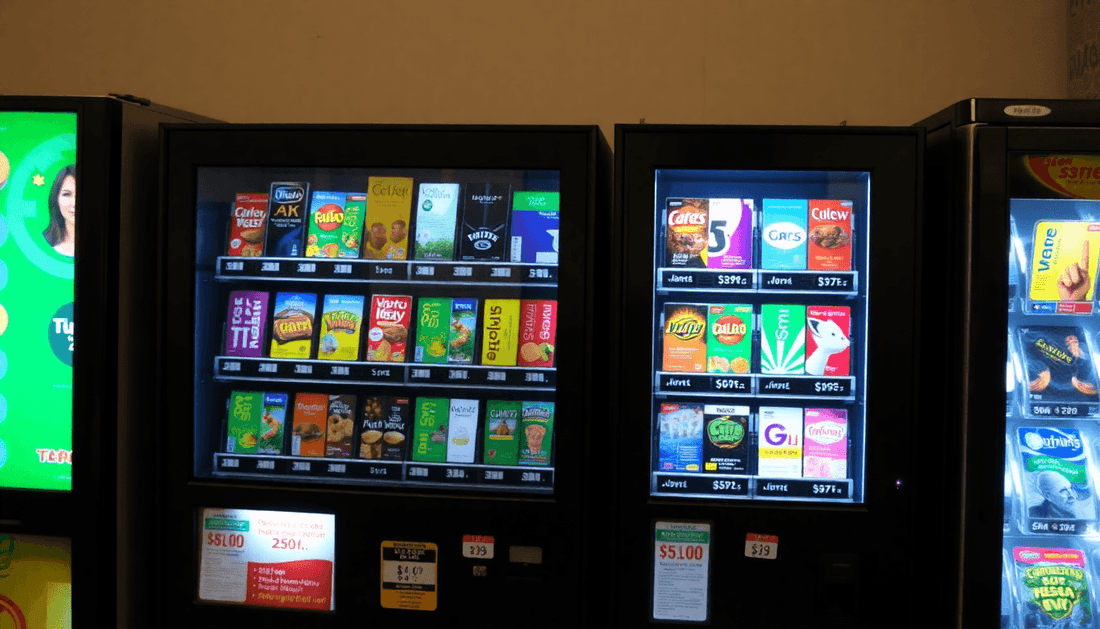 A variety of vending machines with discount tags