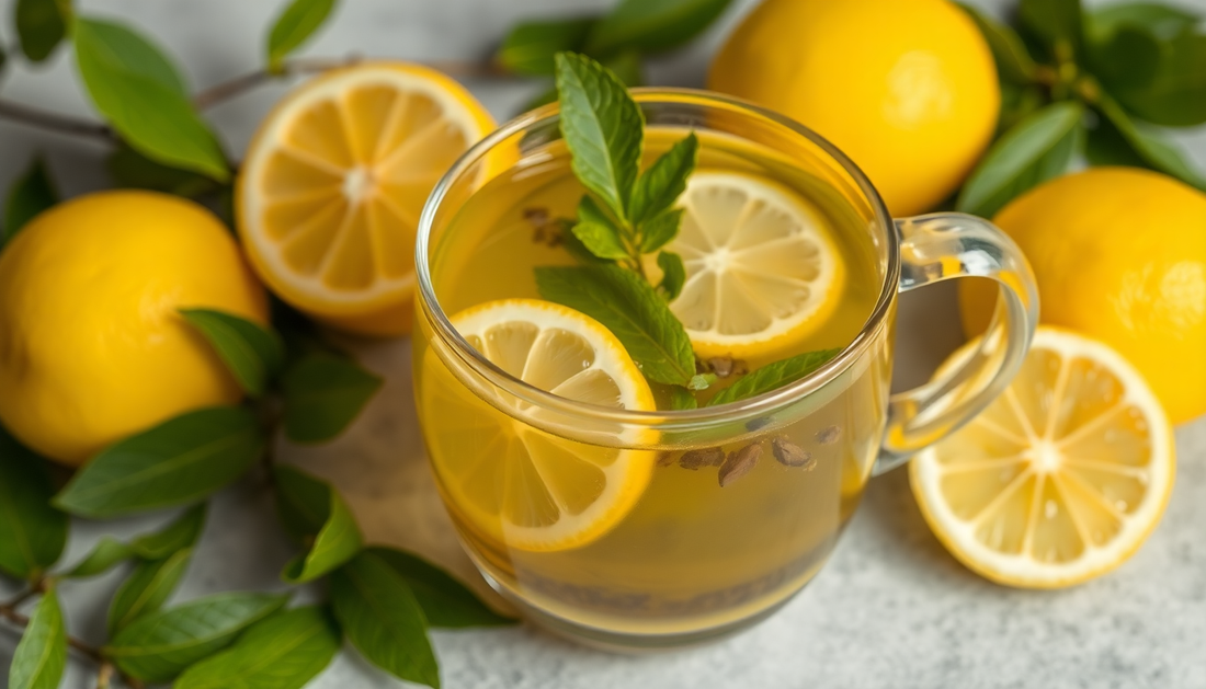 A cup of lemon tea with fresh lemons and tea leaves