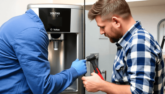 Technician repairing Voltas water dispenser with tools