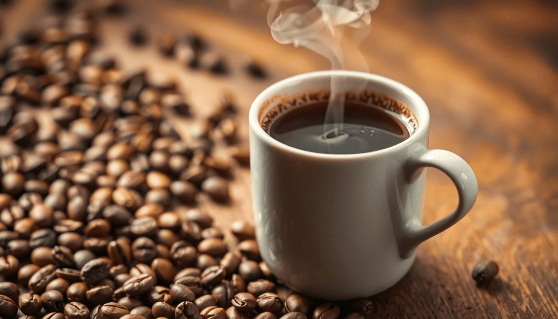 A steaming cup of premium coffee with coffee beans