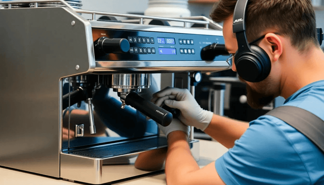Technician repairing a commercial Atlantis coffee machine