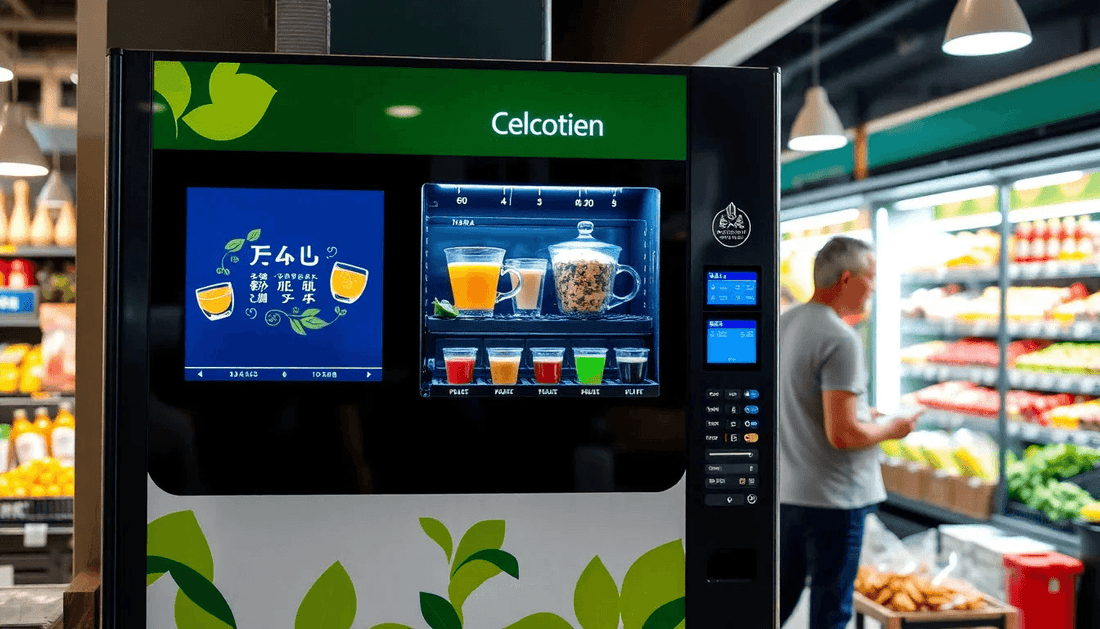 A sleek tea and coffee vending machine in a busy market