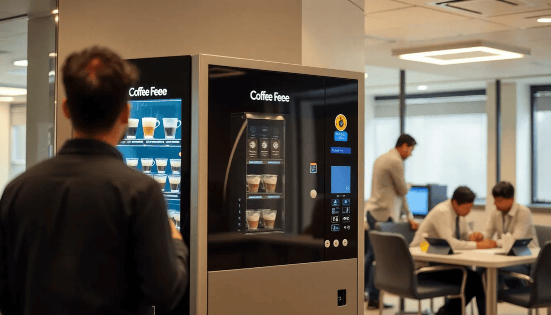 Modern coffee vending machine in a busy Delhi office