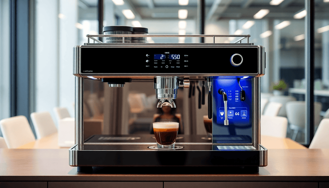 A modern coffee machine in a sleek office setting