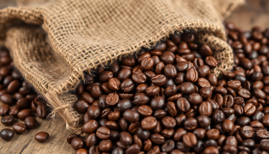Freshly roasted coffee beans spilling from burlap sack