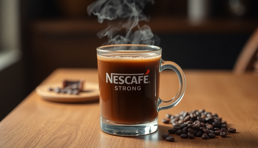 A steaming cup of NESCAFÉ Strong Coffee Premix on table