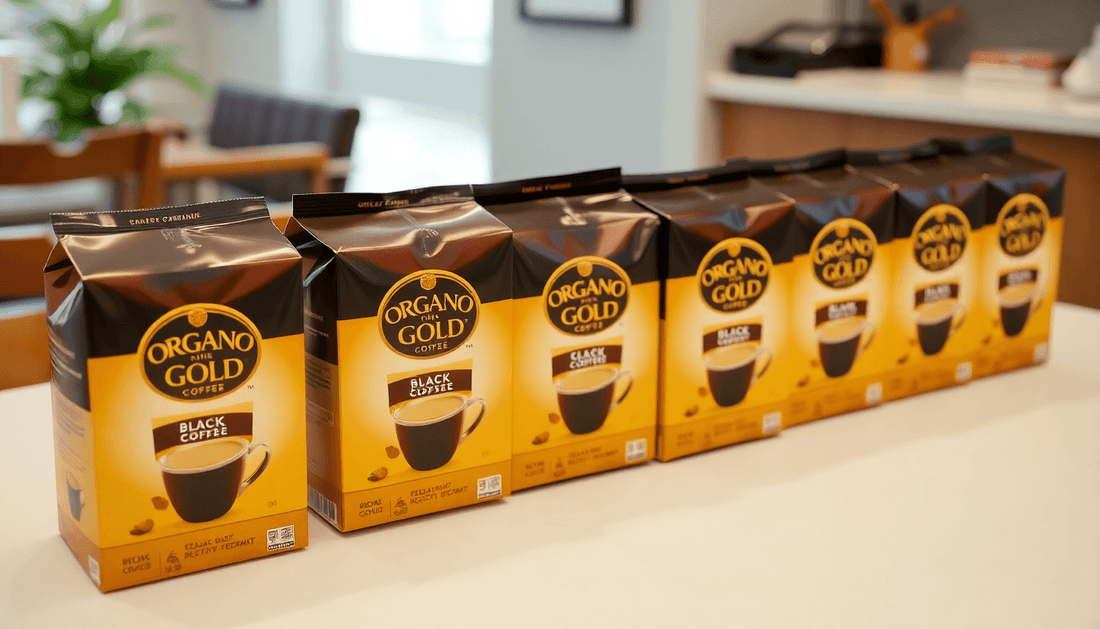 Six boxes of Organo Gold black coffee on a table