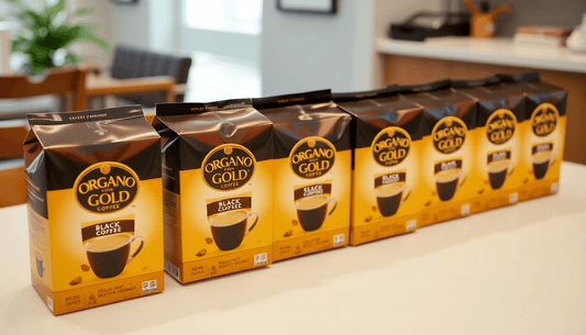 Six boxes of Organo Gold black coffee on a table