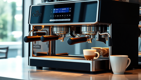 Modern coffee machine for business with dual spouts brewing espresso into cups on a countertop
