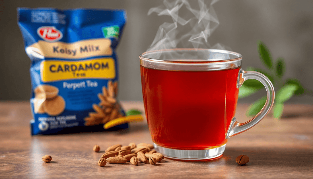 A cup of steaming cardamom tea with premix packet