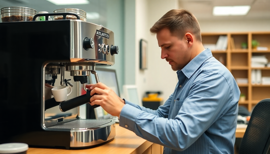 Man using Atlantis tea coffee machine AMC Greater Noida to prepare a cup of coffee in office kitchen
