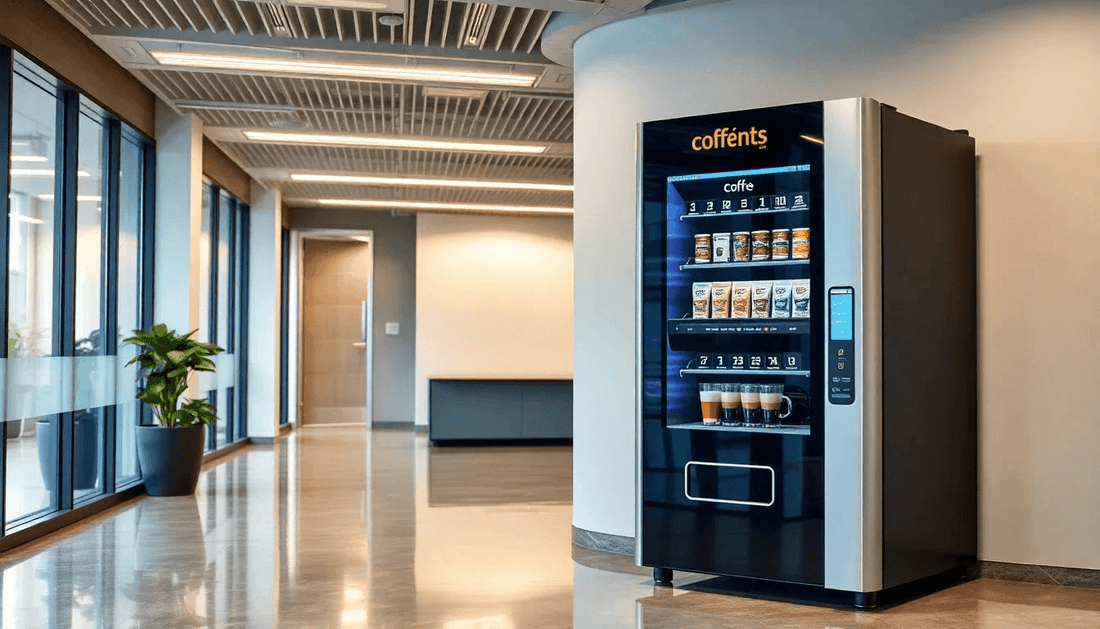 A modern coffee vending machine in an office lobby
