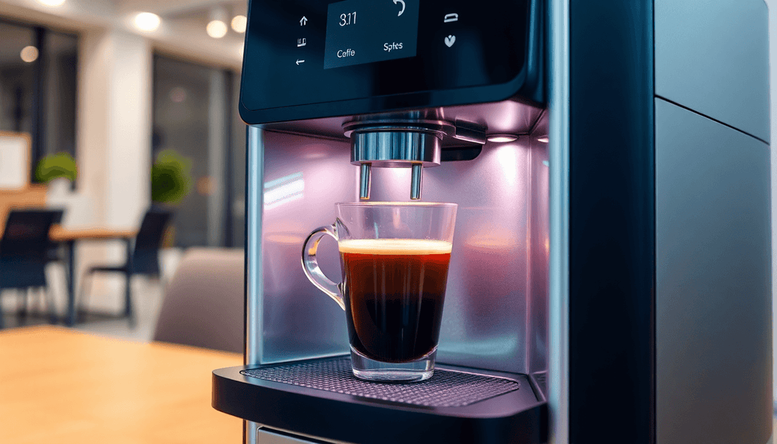 Modern coffee machine dispensing hot coffee in office