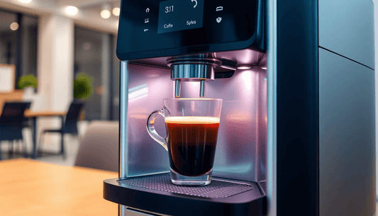 Modern coffee machine dispensing hot coffee in office