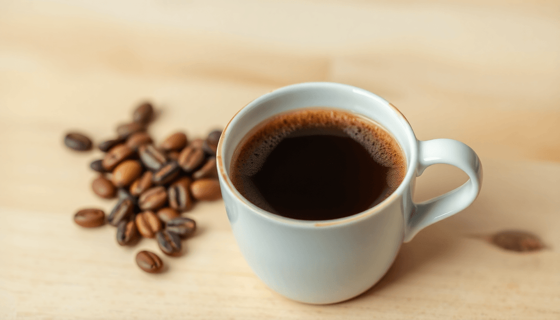 A cup of Bru Gold coffee with coffee beans