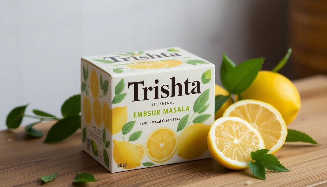 A box of Trishta Lemon Masala Green Tea with fresh lemons