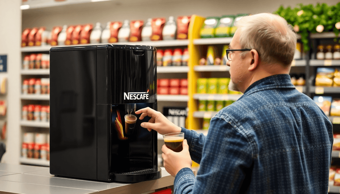 A person examining a Nescafe coffee machine in a store