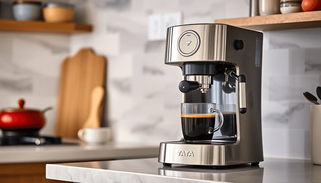 Tata coffee machine brewing fresh coffee in kitchen