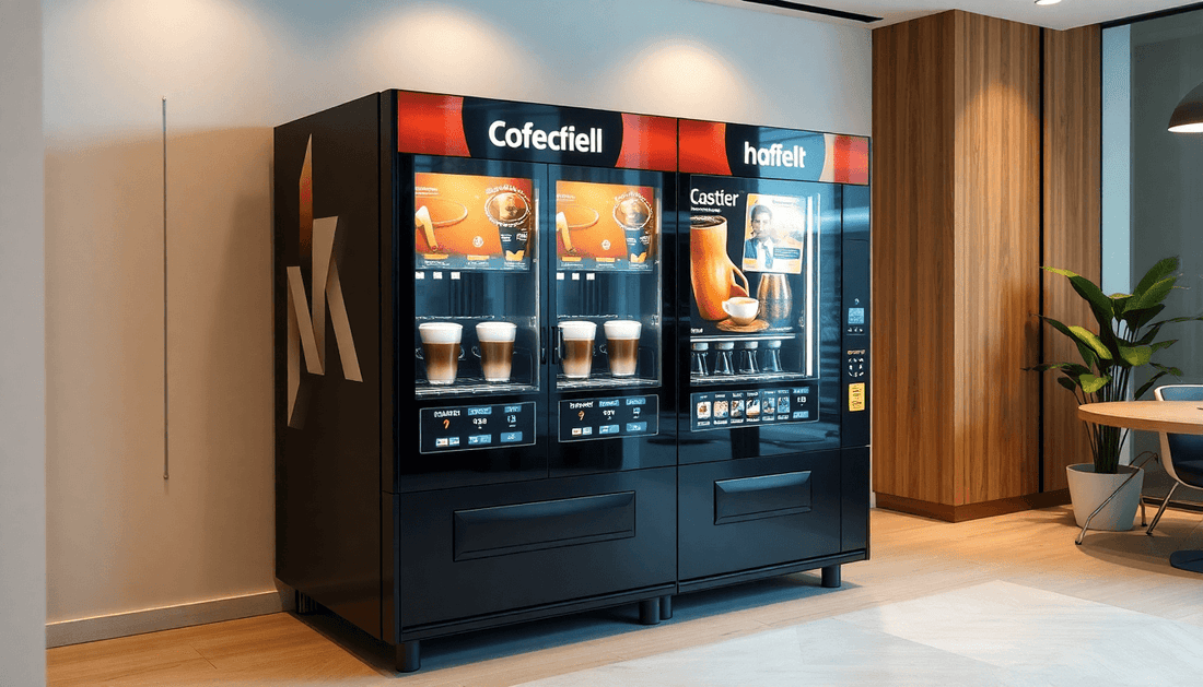 A modern 3-lane coffee vending machine in an office
