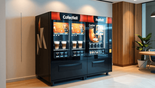 A modern 3-lane coffee vending machine in an office
