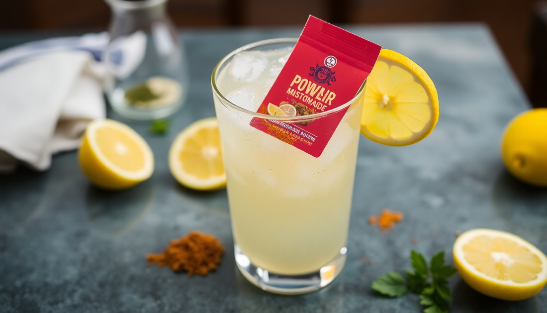 Refreshing glass of masala lemonade with powder packet