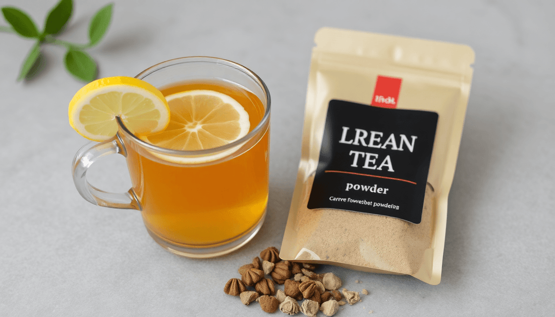 A cup of lemon tea with tea powder pack beside it