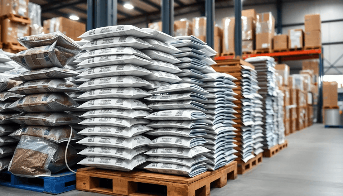 Stacks of coffee premix packets in a wholesale warehouse