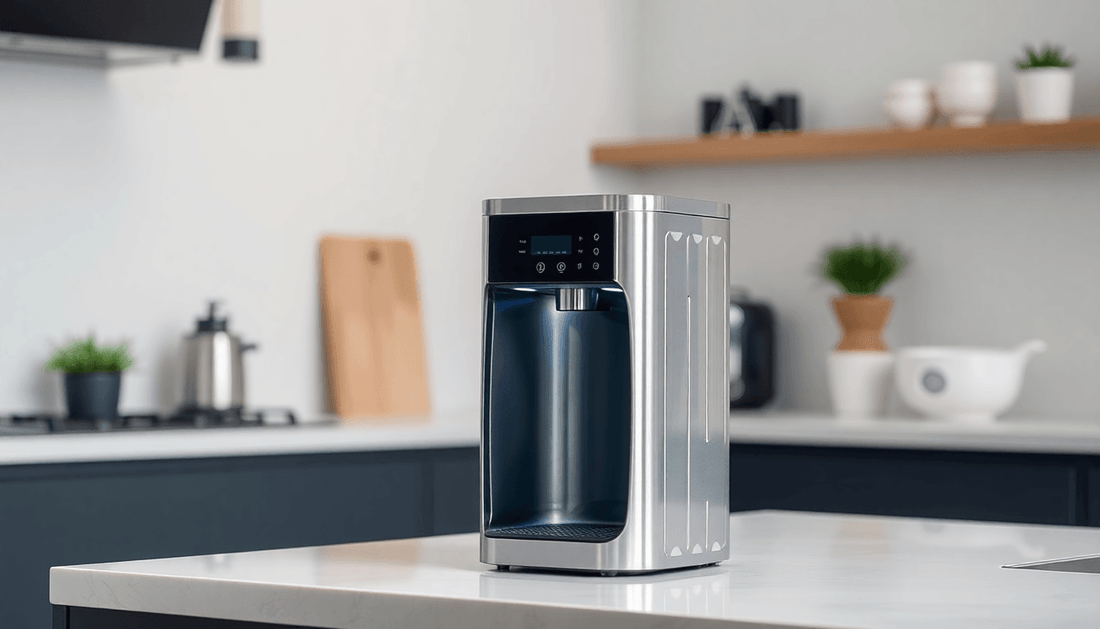 A sleek water dispenser machine on a kitchen counter