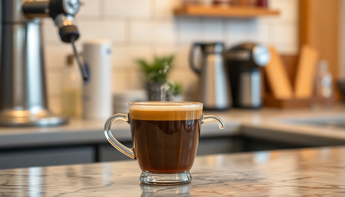 Freshly brewed cup of coffee on kitchen counter representing Atlantis instant coffee Greater Noida