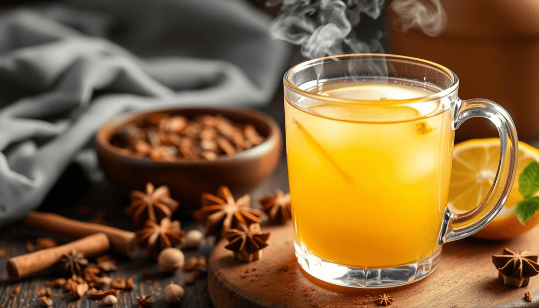 A steaming cup of masala lemon tea with spices