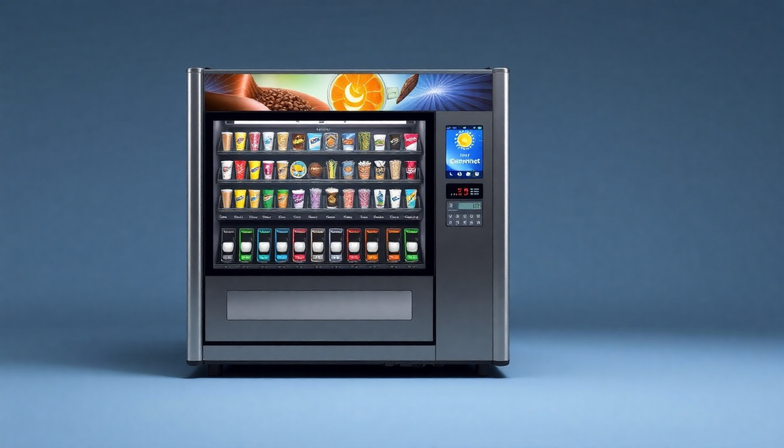 Modern ATLANTIS MACHINE vending machine with a variety of drinks and snacks against a blue background