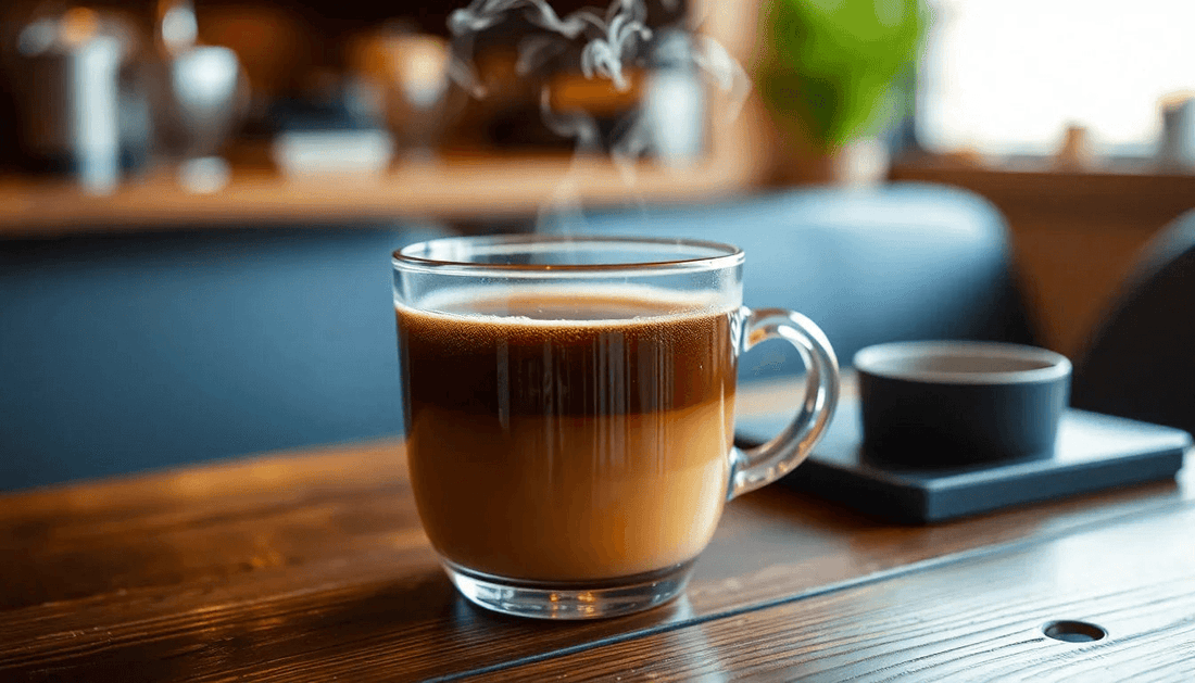 A steaming cup of coffee premix on a wooden table