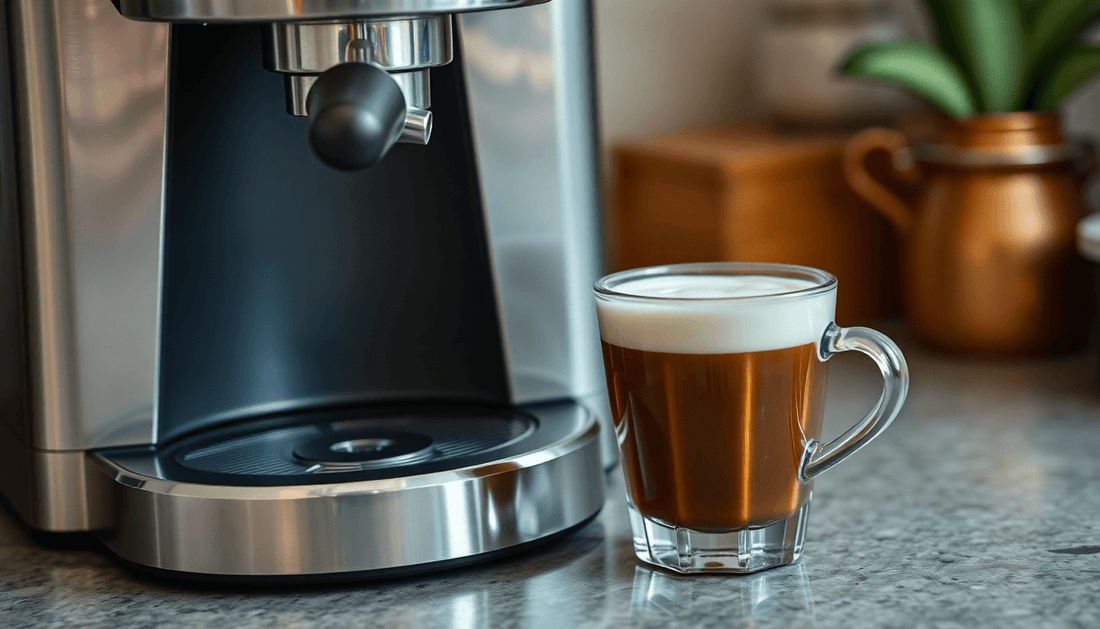 A coffee cup with dairy whitener beside coffee machine