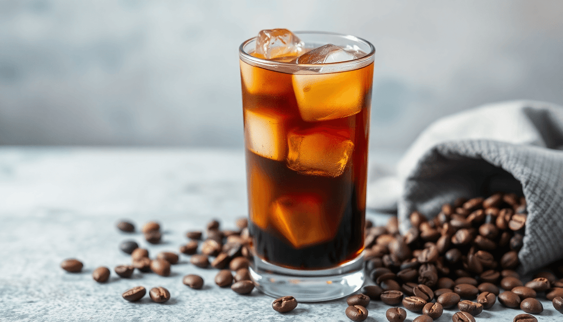 A glass of iced coffee with ice cubes and coffee beans