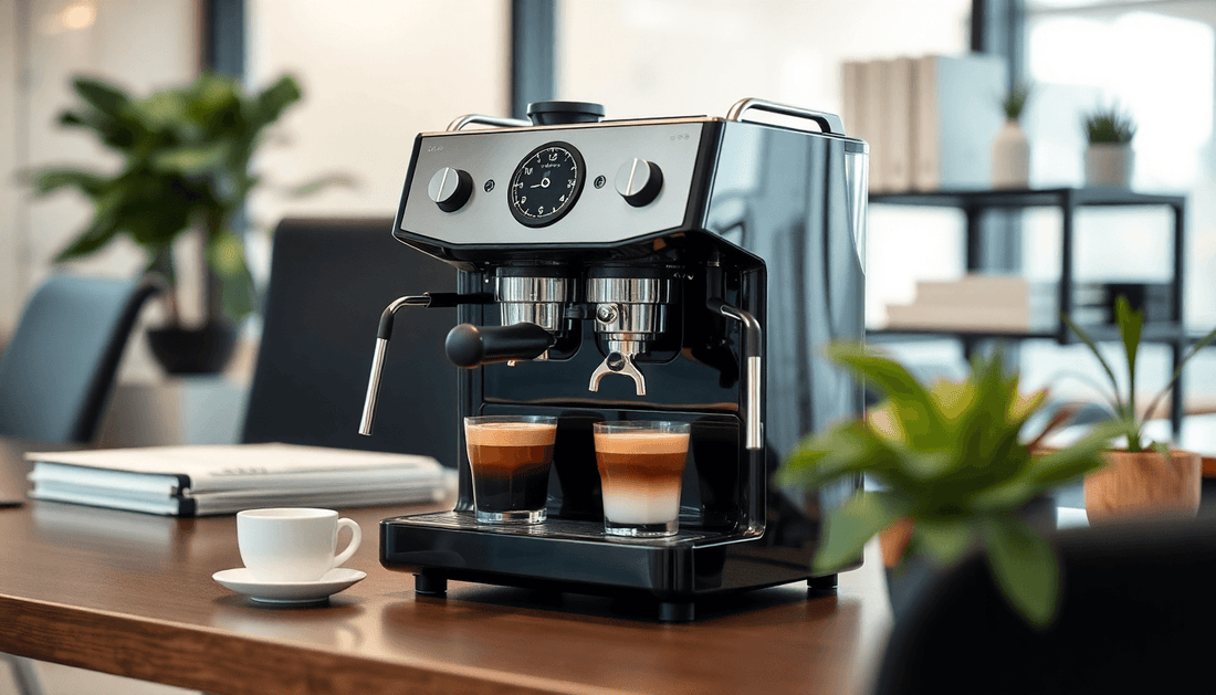 A sleek Atlantis coffee machine brewing espresso in office