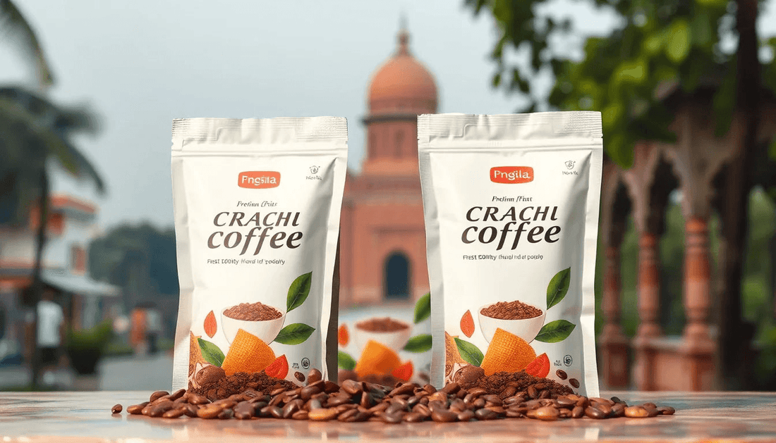 Fresh coffee premix packets with Agra city background