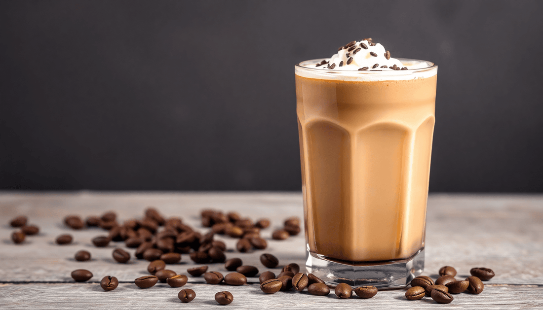 A glass of cold mocha coffee with coffee beans