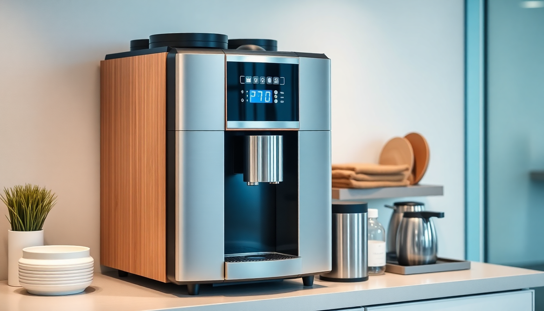 Atlantis corporate coffee machine Greater Noida with stainless steel finish placed on modern office counter