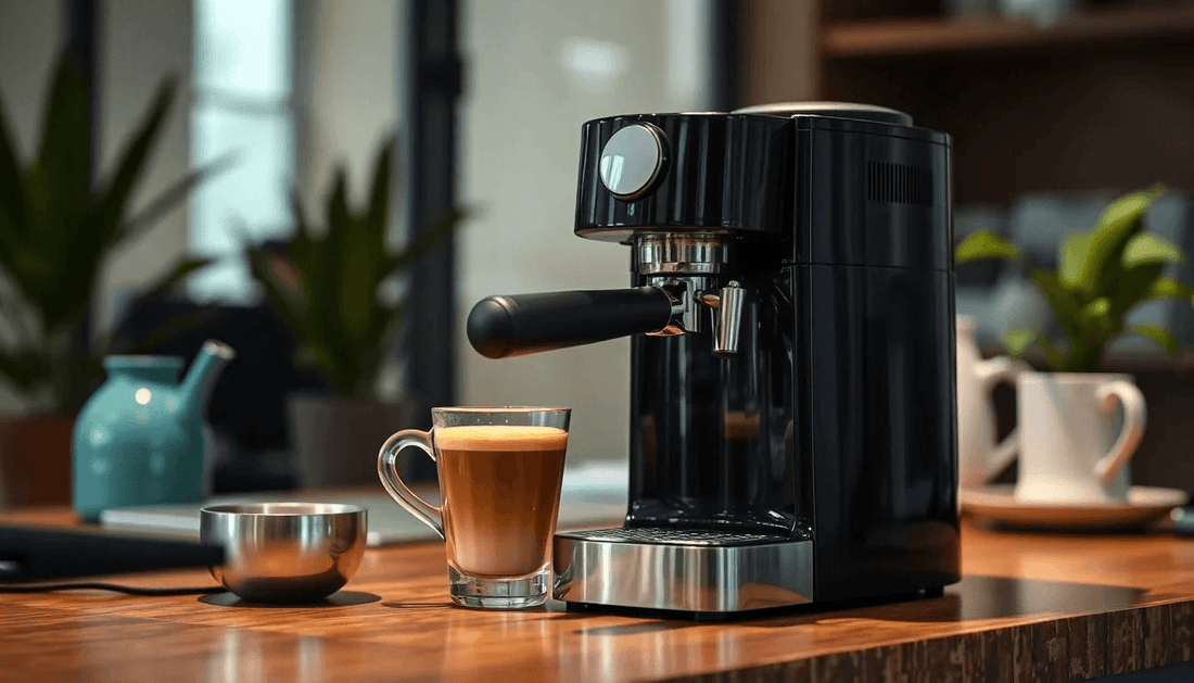 A sleek coffee machine brewing fresh coffee in Rajasthan office
