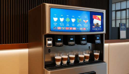 A multi-lane Atlantis coffee vending machine serving coffee