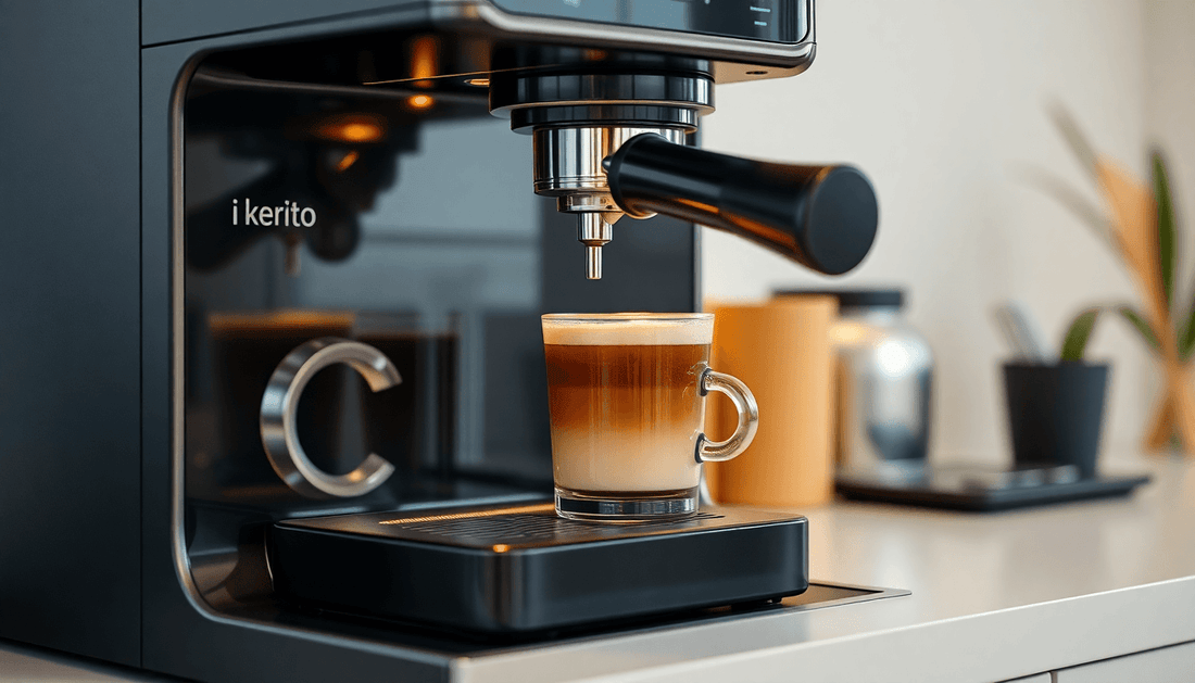 A modern office coffee machine brewing fresh coffee