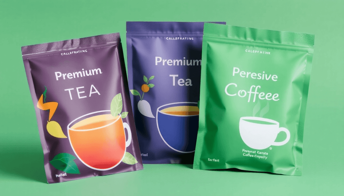 Three premium tea and coffee premix packets displayed together