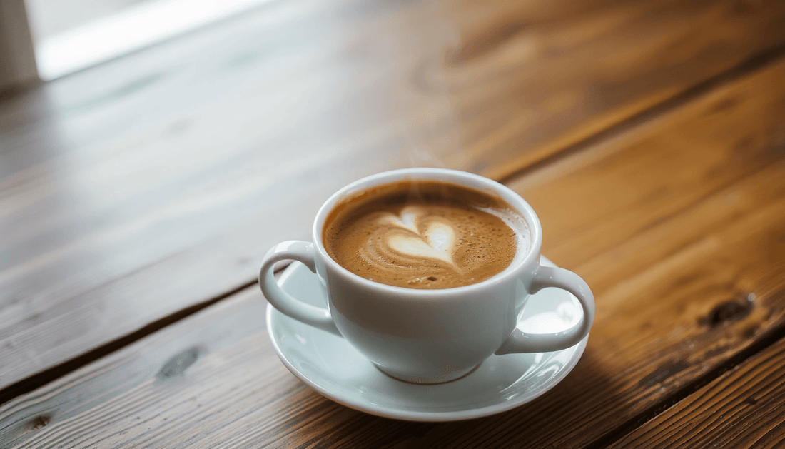 A steaming cup of rich coffee on a wooden table