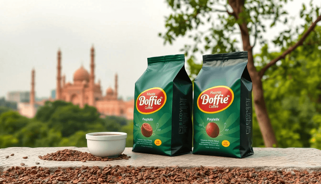 Coffee premix packaging with North Delhi city backdrop