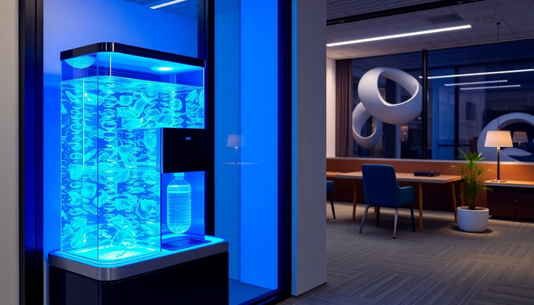 Atlantis coffee machine Noida with blue LED lighting displayed in a modern office lounge area