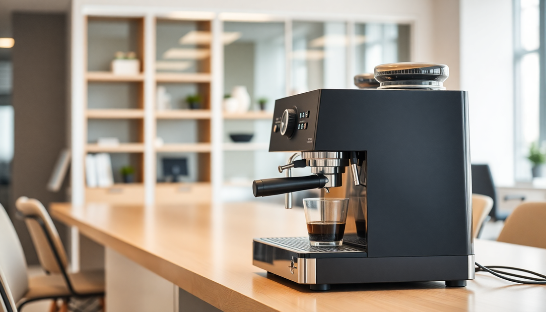 Modern black coffee machine on a wooden table in an office setting by coffee machine supplier in Noida Sector 104