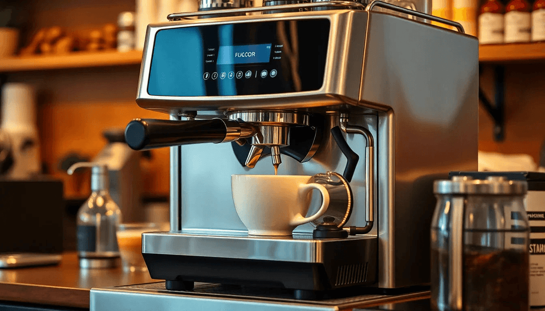 A modern coffee machine brewing coffee in a Delhi cafe